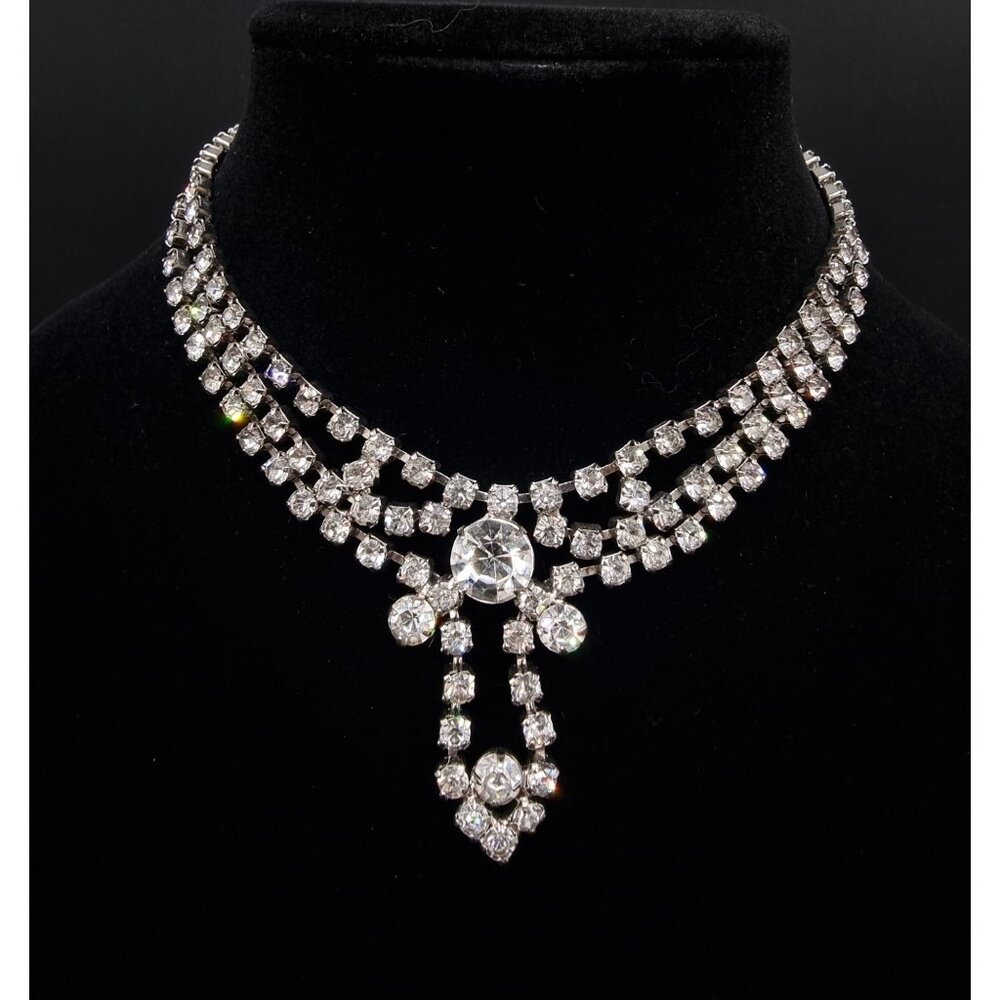 Vintage 1960s Rhinestone Choker Necklace With Cascading Crystal Pendant